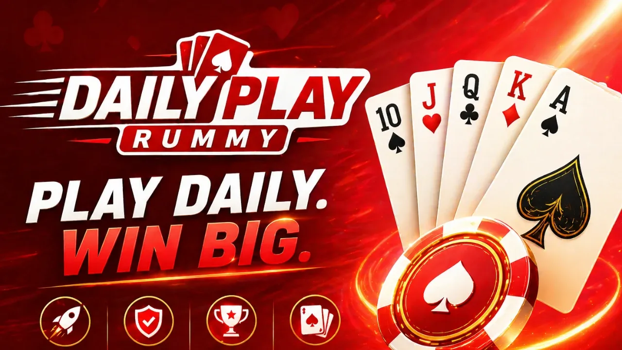 DailyPlayRummy secondary banner — soft coral gradient, trustworthy accent shapes for community skim, upbeat illustration tone, comparison tiles without logos